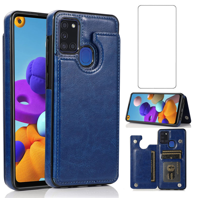 Samsung Galaxy A21S Wallet Case And Tempered Glass Screen Protector Card Holder Cover Stand Flip Leather Cell Phone Cases For Glaxay Galaxies A 21S A21Scase Women Men Blue