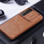 Nillkin For Samsung Galaxy S22 Case With Camera Cover And Card Holder Pu Leather Case With Flip Cover And Slide Camera Protection Durable Shockproof Cover Brown
