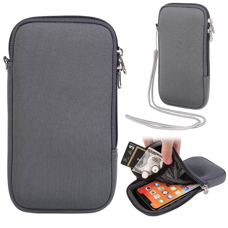 Zipper Phone Sleeve Pouch W Neck Lanyard Compatible For Apple Iphone 13 12 Pro Max Blu G91 Pro Pixel 5A 4Xl Moto E G10 G30 G Power Play One 5G Ace Xiaomi Mi 11 Poco X3 Pro Gray