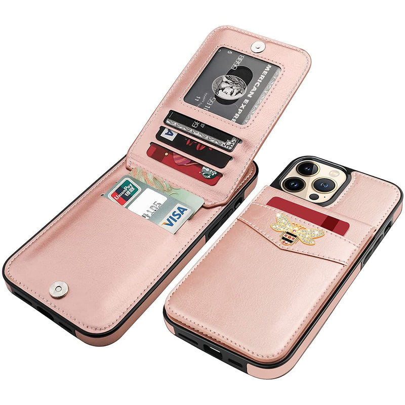 Compatible With Iphone 13 Pro Max Card Case Wallet Premium Leather Magnetic Clasp Kickstand Heavy Duty Bling Diamond Bee Protective Cover For Women Girlrose Gold