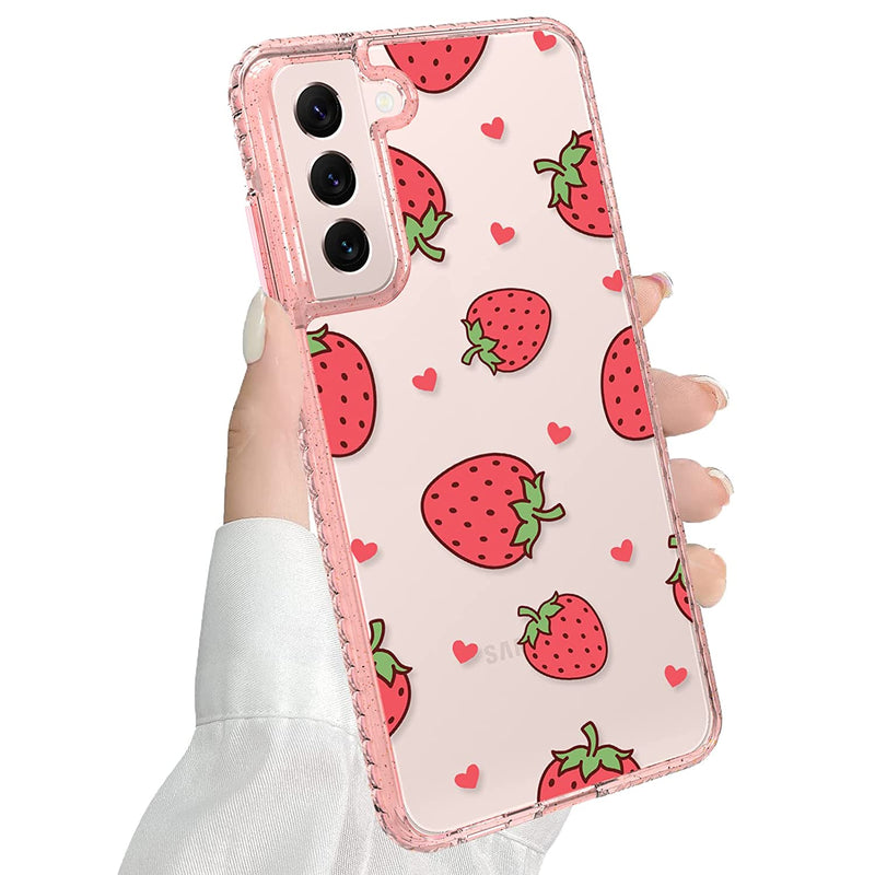 Mzelq Compatible With Samsung Galaxy S22 Case Clear Cute Glitter Strawberry Pattern Cover For Women Girls Anti Yellowing Shockproof Protective Bumper Phone Case For Galaxy S22 5G 6 2 Inch 2022