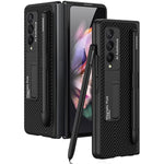 Miimall Compatible Samsung Galaxy Z Fold 3 Case With S Pen Holder Leather Pattern Bumper With Back Magnetic Kickstand Case Full Protective Case Cover For Galaxy Z Fold 3Carbon Fiber