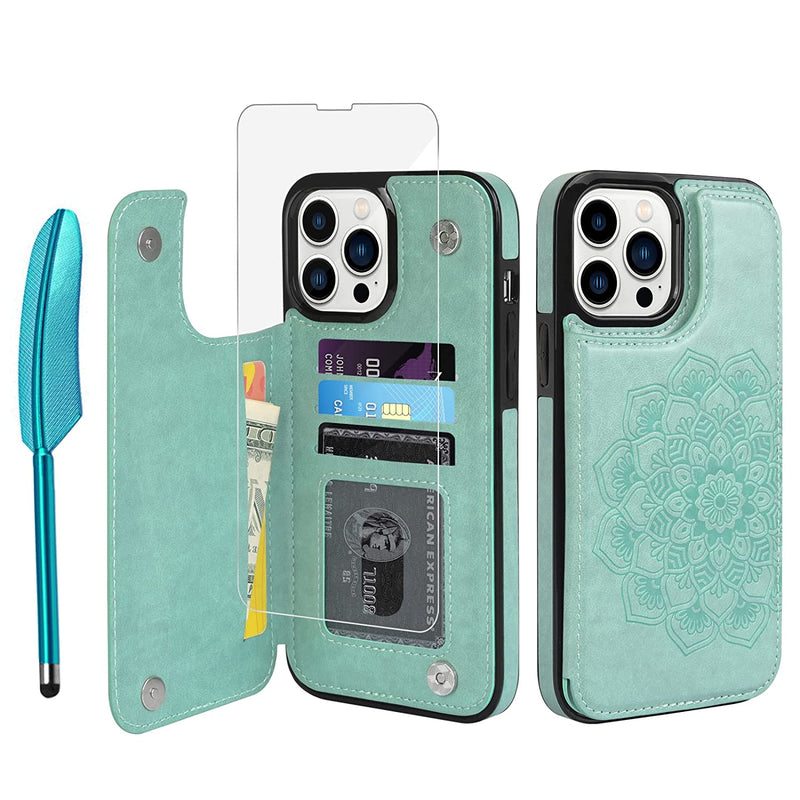 Compatible With Iphone 13 Pro Max Flip Case Wallet Case Embossed Mandala Slim Folio Leather Cover Shockproof Card Holder Case With Pen And Tempered Film Designed For Iphone 13 Pro Max 6 7 Green