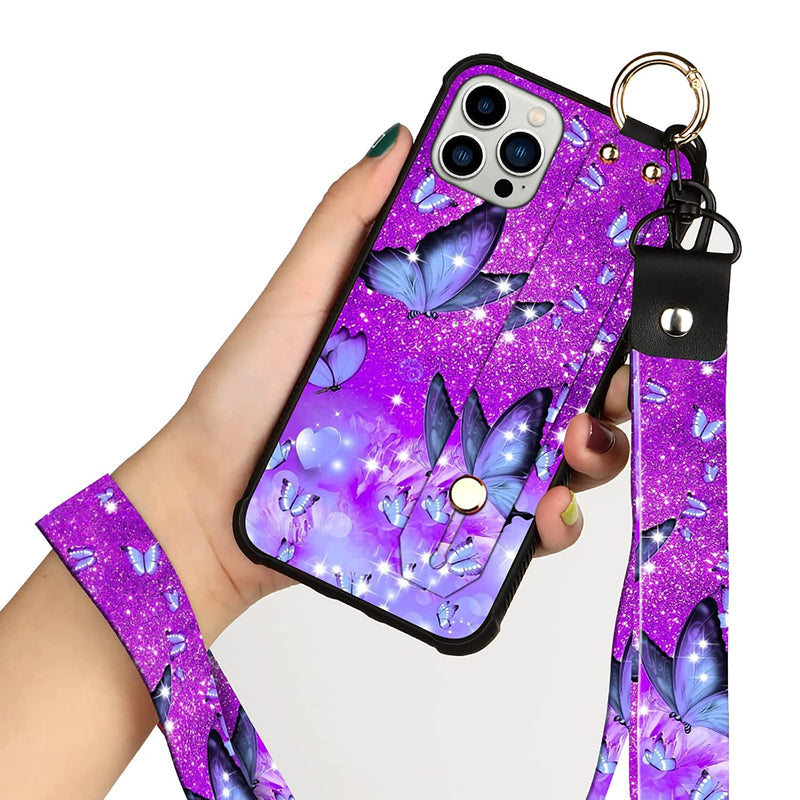 Kanghar Iphone 13 Pro Max Case Purple Butterfly Pattern Shell Wrist Strap Lanyard Cover For Apple Iphone 13 Pro Max 6 7 Inch 2021 5G