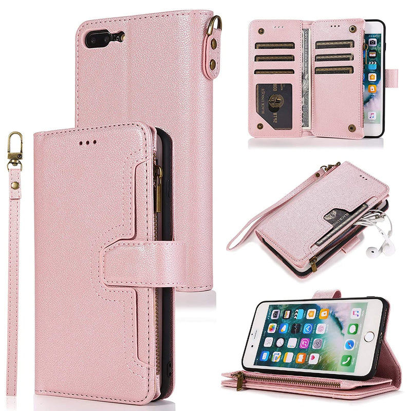 Case For Iphone 7 Plus 8 Plus Premium Leather Wallet Case Card Holder Kickstand Wrist Strap Magnetic Closure Large Capacity Zipper Purse For Iphone 7 Plus 8 Plus Rose Gold