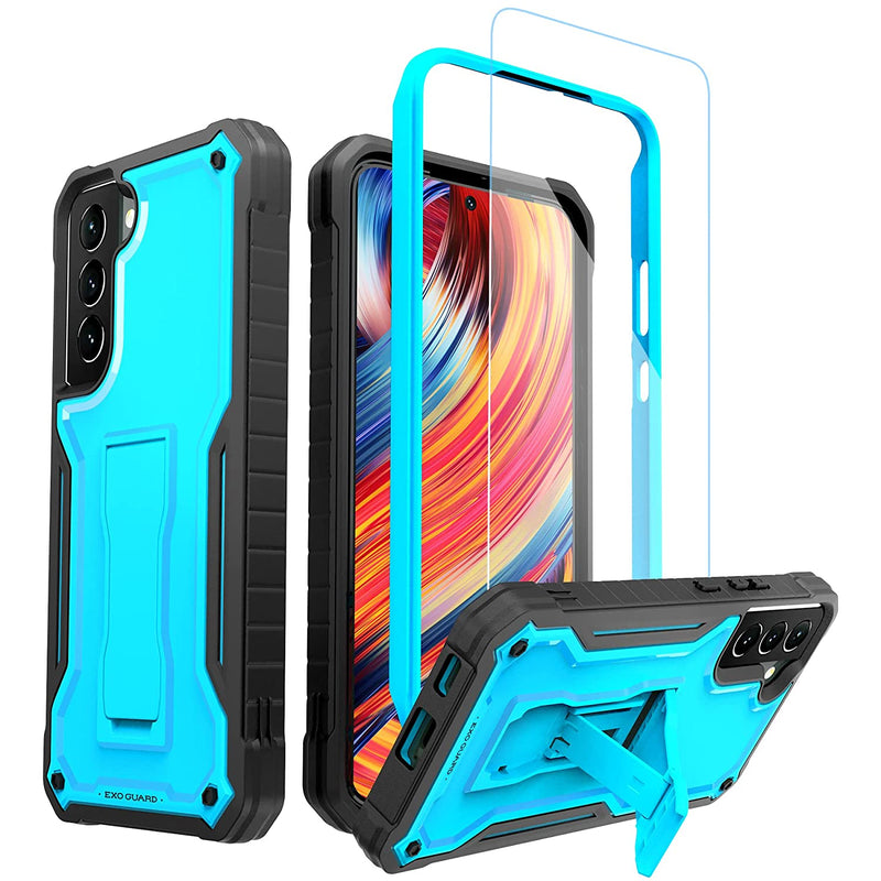 Exoguard For Samsung Galaxy S22 Plus Case Rubber Shockproof Heavy Duty Case With Screen Protector For Samsung S22 Plus Phone Built In Kickstand Blue