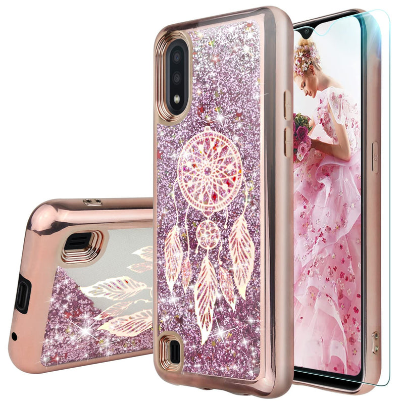 Phone Case Compatible With Samsung Galaxy A01 With Tempered Glass Screen Protector Bling Glitter Sparkle Liquid Infused Stars Moving Quicksand Drop Protector Case Cover Rose Gold