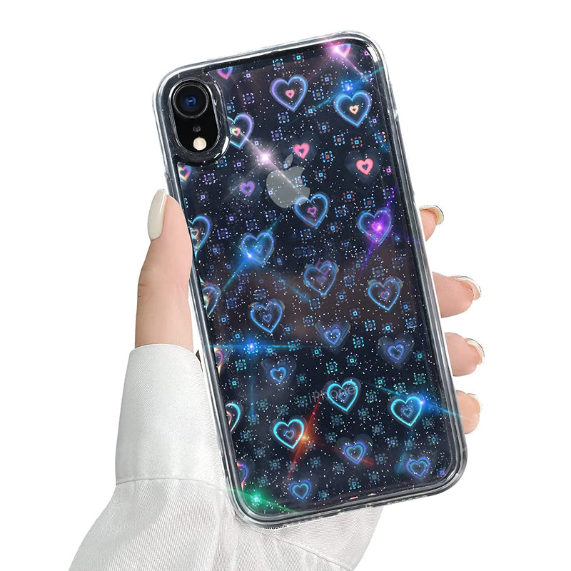 Lsl Compatible With Iphone Xr Case Glitter Clear Love Holographic Heart Phone Case For Women Kids Aesthetic Cute Bling Sparkle Rainbow Heart Cover Soft Silicone Slim Protection Case For Iphone Xr