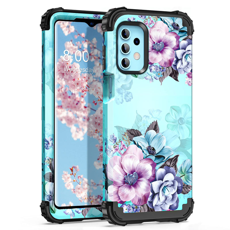 Galaxy A32 5G Case Galaxy A12 Case Floral Three Layer Heavy Duty Sturdy Shockproof Full Body Protective Cover Case For Samsung Galaxy A32 5G And A12 Blue Flower