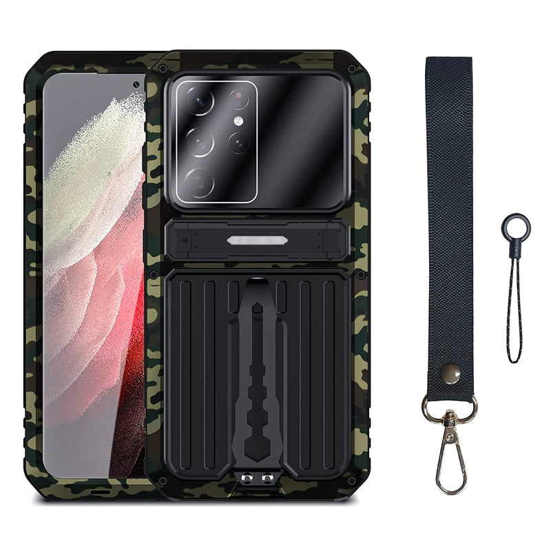 Compatible With Samsung Galaxy S21 Ultra Metal Phone Case Military Heavy Duty Dustproof Waterproof Shockproof Back Clip Kickstand Full Body Protective Case Camouflage