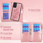Lacass Compatible With Samsung Galaxy A13 5G Case 12 Card Slots Id Credit Cash Holder Zipper Pocket Detachable Magnet Leather Wallet Cover With Wrist Strap Lanyardbutterfly Rose Gold
