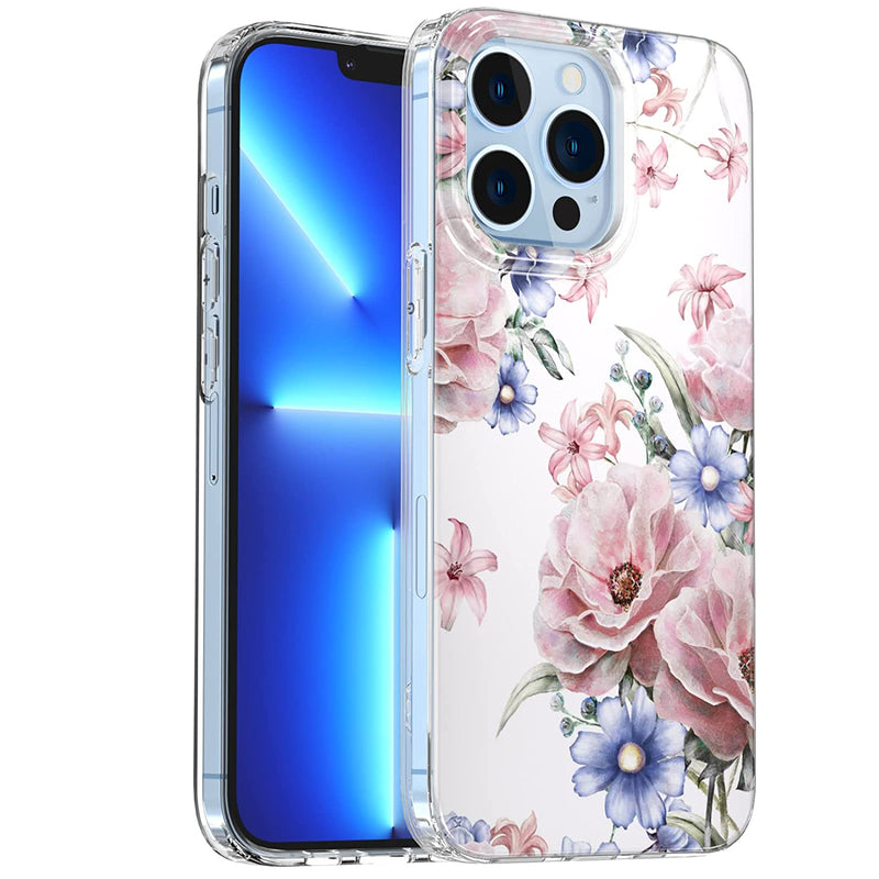 Compatible With Iphone 13 Pro Max Case Flowers Clear Floral Pattern Shock Absorption Ultra Thin Protective Hard Back With Soft Silicone Bumper Shockproof Cover Case For Iphone 13 Pro Max 6 7 9