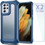 Samsung Galaxy S21 Ultra Case Supbec Carbon Fiber Shockproof Protective Cover With Screen Protector X2 Military Grade Protection Anti Scratch Phone Case For Samsung S21 Ultra 5G 6 8 Blue