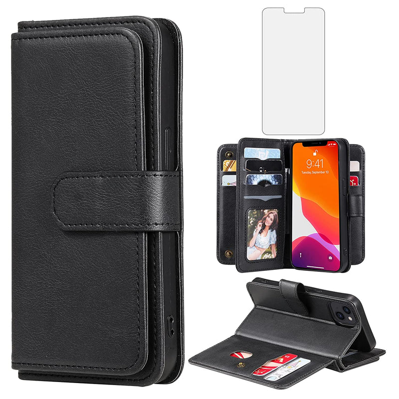 Iphone 13 6 1 Inch Wallet Case And Tempered Glass Screen Protector Flip Cover Credit Card Holder Cell Phone Cases For Iphone13 5G I I Phone I13 Iphone13Case Women Men Black