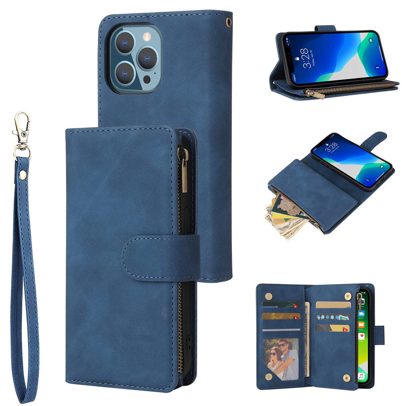 Lbyzcase Phone Case For Iphone 13 Iphone 13 5G Wallet Case Luxury Folio Flip Leather Coverzipper Pocketwrist Strapkickstand For Apple Iphone 13Blue