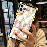 Compatible With Iphone 13 Pro Max Case Pearl Diamond Flower Iphone 13 Pro Max Cases For Girls Women Square Retro Metal Corner Decoration Soft Tpu Shockproof Cover Case Iphone 13 Pro Max 6 7 Inch