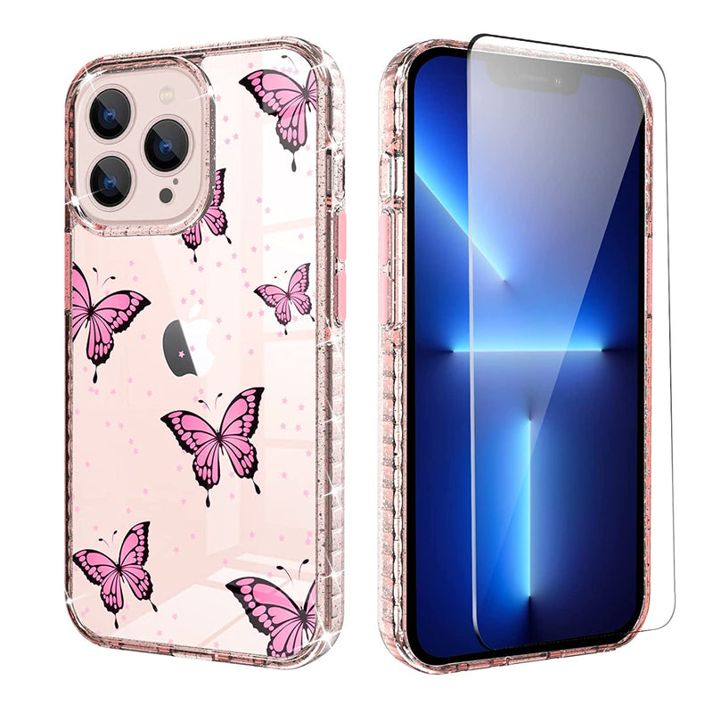Kanghar Compatible With Iphone 13 Pro Max Case Pink Butterfly Cute Pattern Screen Protector Shockproof Cover Designed For Iphone 13 Pro Max Case For Girls Women 6 7 Inch 2021
