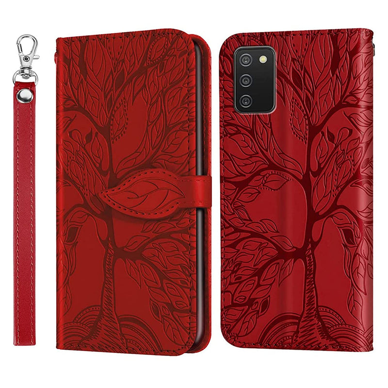 Cotdinfor Compatible With Samsung Galaxy A03S Wallet Case Galaxy A03S Case Leather With Card Holder Magnetic Kickstand Wrist Strap Flip Shockproof Case For Samsung Galaxy A03S Life Tree Red