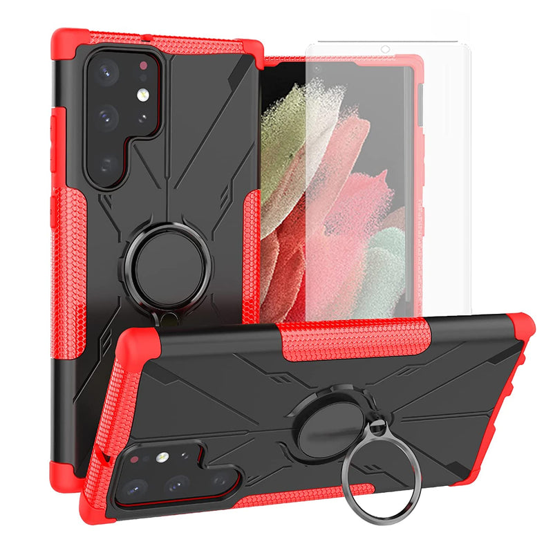 Compatible With Samsung Galaxy S22 Ultra 5G Case And Tempered Glass Screen Protector Cover Ring Holder Stand Rugged Cell Accessories Phone Cases For Gaxaly S22Ultra 22S S 22 22Ultra G5 Women Men Red