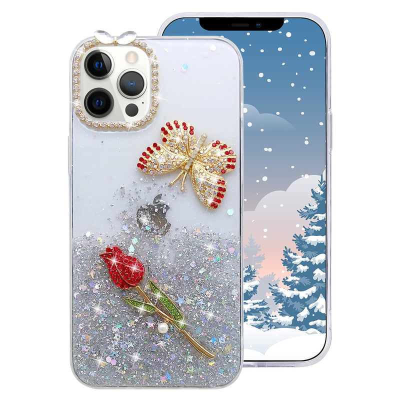 Guppy For Iphone 13 Pro Max Bling Diamond Case For Women Girls Luxury 3D Shiny Sparkle Glitter Sequins Rhinestone Butterfly Rose Flower Soft Slim Protective Cover 6 7 Inch Clear Ql3242 I13Pm 1