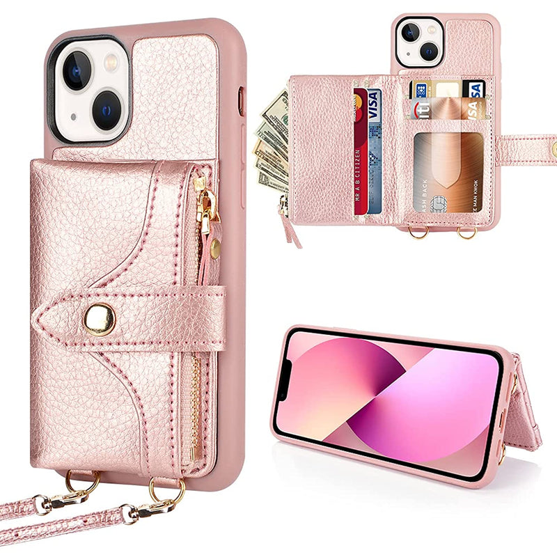 Lameeku Wallet Case Compatible Iphone 13 Crossbody Case For Women Leather Rfid Card Holder Case With Wrist Zipper Case Compatible With Iphone 13 6 1 Inch Rose Gold