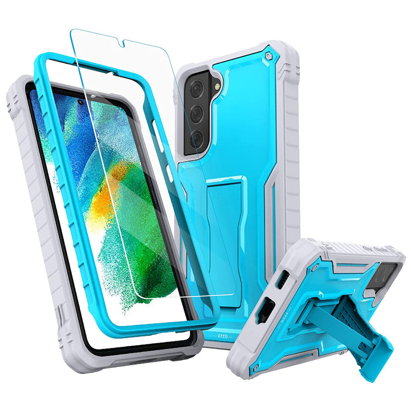 Fito For Samsung Galaxy S21 Fe Case Dual Layer Shockproof Heavy Duty Case For Samsung S21 Fe 5G Phone With Screen Protector Built In Kickstand Blue