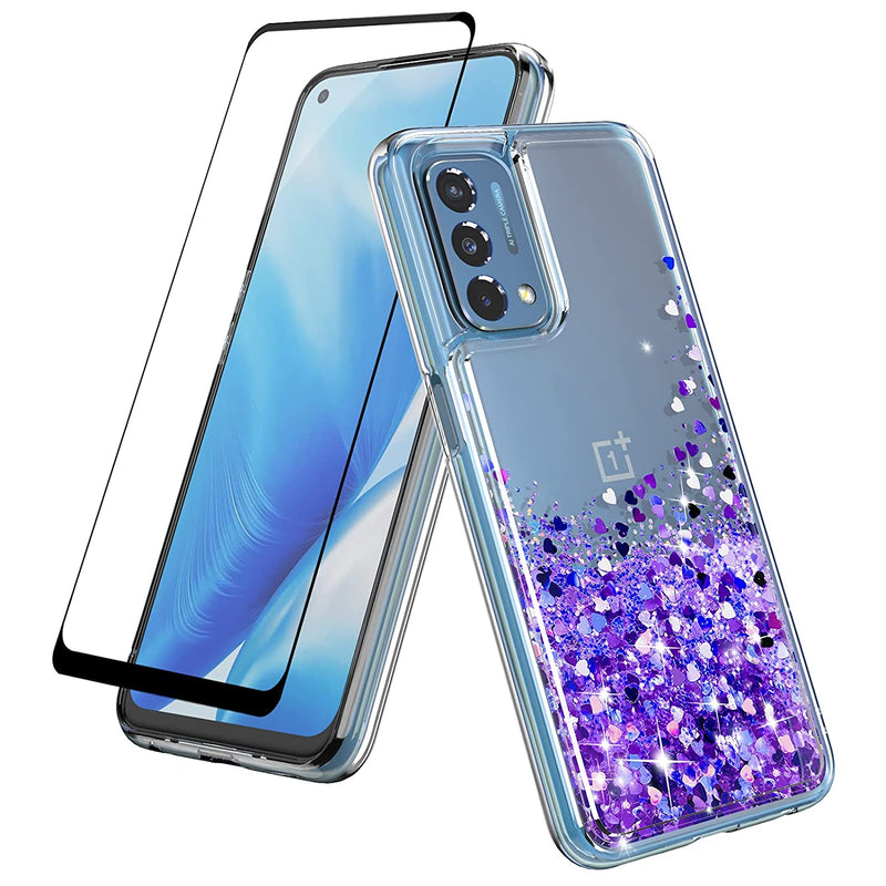 For Oneplus Nord N200 5G Case With Tempered Glass Screen Protector Oneplus N200 5G Bling Liquid Case Flexible Tpu Shockproof Protective Cover For Girls Women Ls Purple