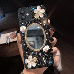 Cavdycidy Iphone 13 Pro Max Bling Case Mirror Inlaid Bling Black Gemstone Makeup Mirror Shiny Luxury Flower Diamond For Women Girlblack