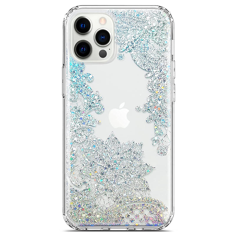 Coolwee Clear Glitter Compatible With Iphone 12 Pro Max Case Thin Flower Cute Crystal Lace Bling Women Girls Floral Plastic Hard Back Soft Tpu Bumper Protective Cover Slim Fit Mandala Henna