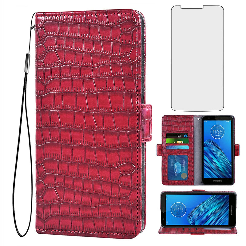 Moto E6 Wallet Case With Tempered Glass Screen Protector And Flip Cover Card Holder Cell Phone Cases For Motorola Motoe6 E 6Th Generation Gen Moto6E 6 6E Xt2005 5 Red
