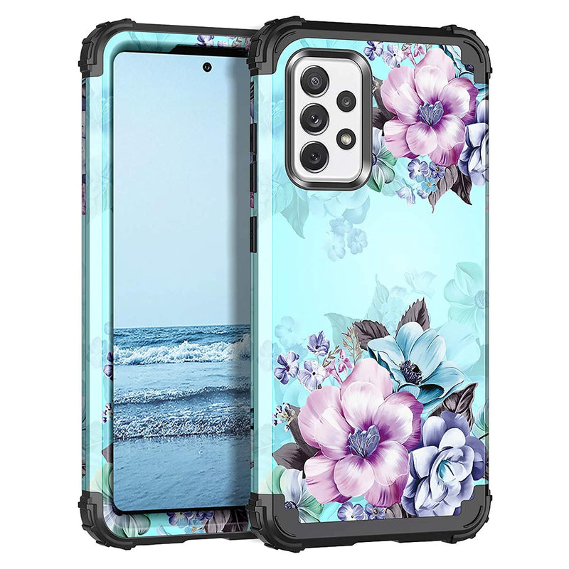 For Galaxy A52 5G Case Floral Three Layer Heavy Duty Sturdy Shockproof Full Body Protective Cover Case For Samsung Galaxy A52 5G Blue Flower