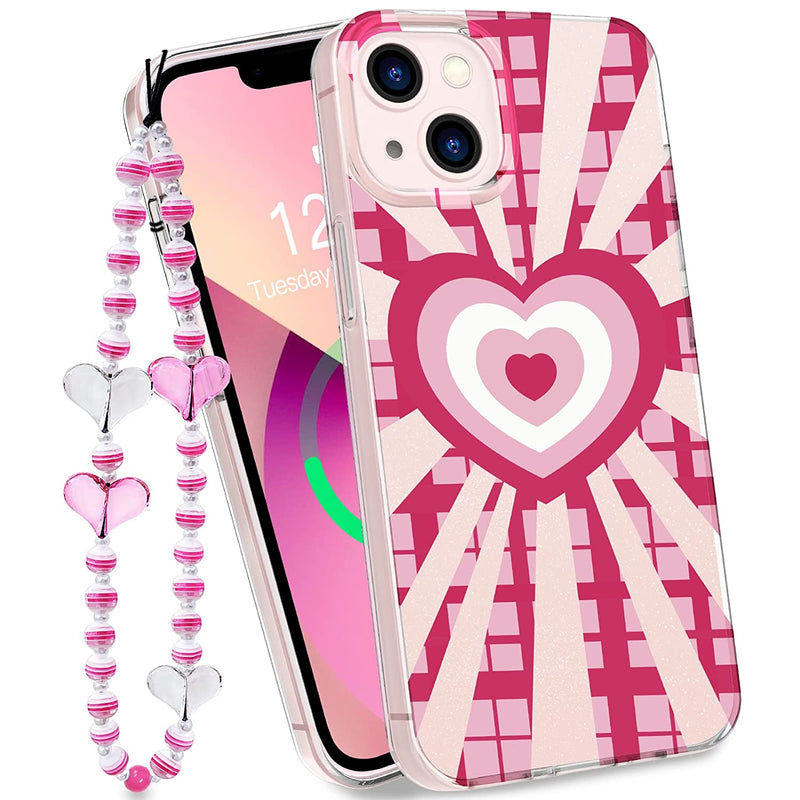Hambnag Love Heart Designed For Iphone 13 Pro Max Case With 1 Beaded Strap Clear Love Heart Pattern Heart Beaded Phone Lanyard Wrist Strap Charms Cute Protective Cover For Women Girls 6 7 Pink