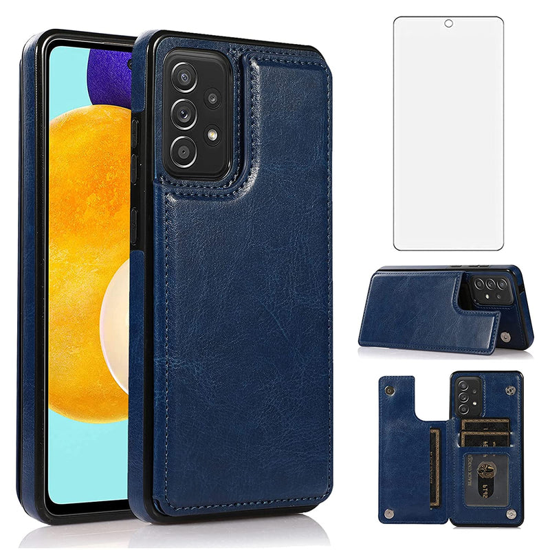 Samsung Galaxy A52 5G 4G Wallet Case Cover And Tempered Glass Screen Protector Card Holder Stand Flip Leather Cell Phone Cases For Glaxay A 52 G5 Gaxaly 52A S52 Women Men Blue