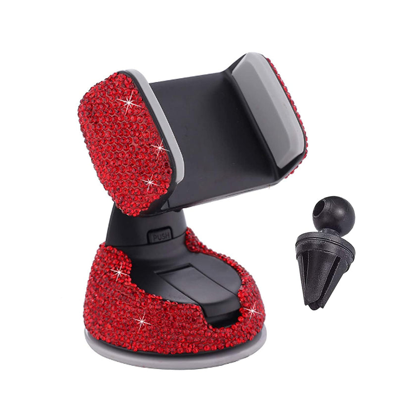 Bling Car Phone Holder Sparkle Rhinestone Car Accessories For Women Crystal Diamond Cell Phone Mount Compatible For Smartphones Red