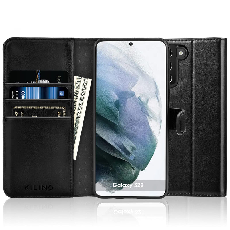 Kilino Wallet Case For Galaxy S22 5G Rfid Blocking Pu Leather Shock Absorbent Bumper Card Slots Kickstand Magnetic Closure Flip Folio Cover For Samsung Galaxy S22 5G Dark Black