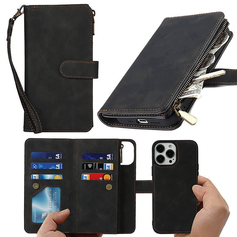 Havaya Iphone 13 Pro Max 6 7 Wallet Case Zipper Detachable 2In1 Magnetic Cover With 6 Card Holder Slots Flip Wristlet Lanyard Case For Iphone 13 Pro Max Black