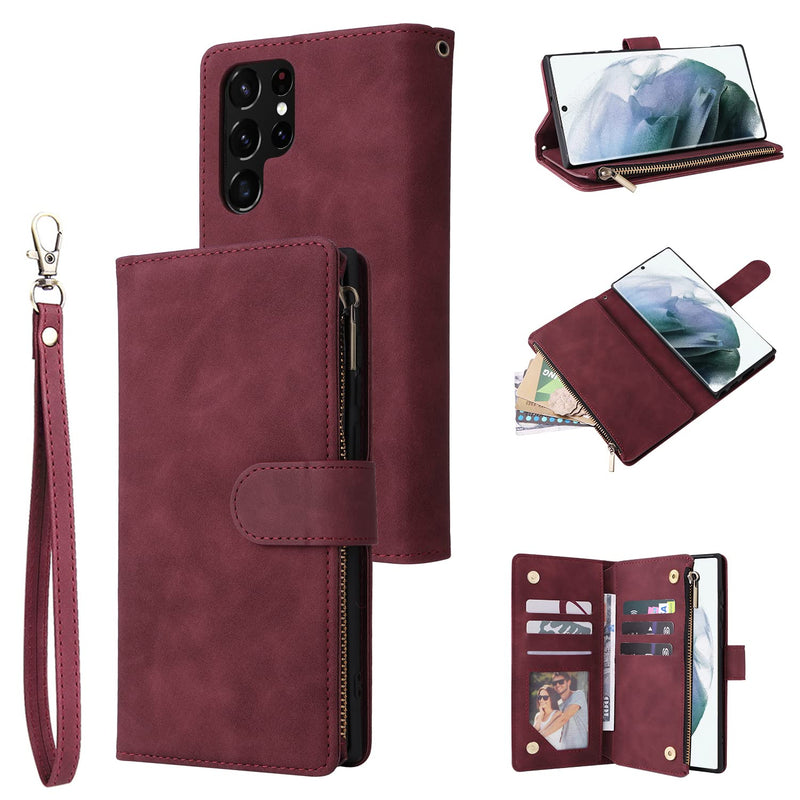 Lbyzcase For Samsung Galaxy S22 Ultra 5G Case With Card Holder Durable Luxury Magnetic Folio Flip Leather Zipper Pocket Wrist Strap Kickstand Women Men For Samsung Galaxy S22 Ultra 6 8 Wine Red