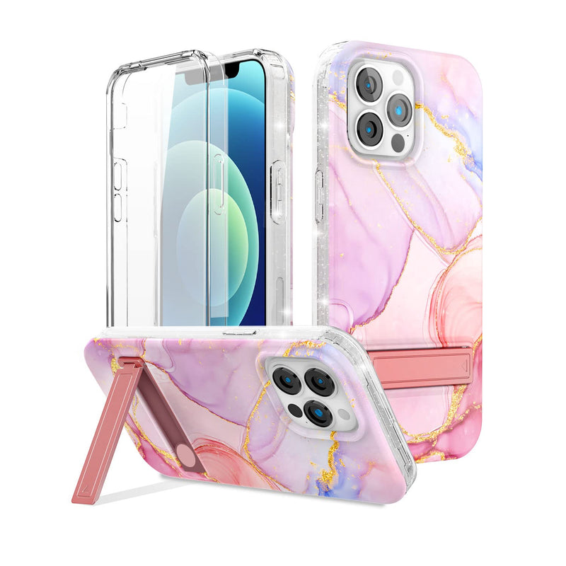 For Iphone 13 Pro Max Case Bocosy Marble With Adjustable Metal Kickstand 2 Way Stand Shockproof Protective Cases With Built In Screen Protector Pink Gold Glitter