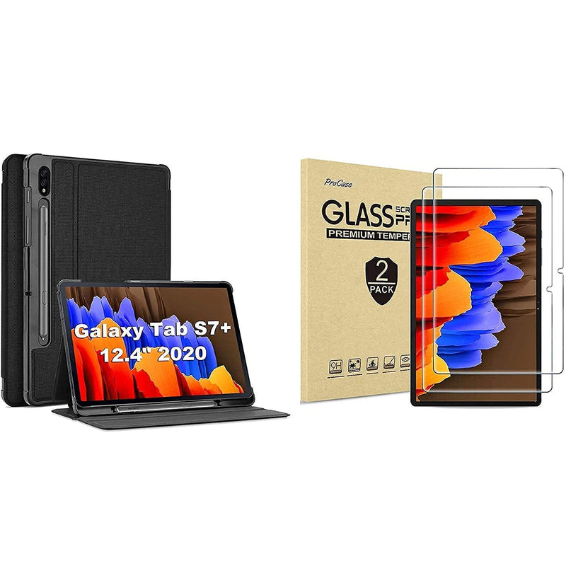 New Procase Galaxy Tab S7 Plus 12 4 Case 2020 With S Pen Holder Black Bundle With 2 Pack Galaxy Tab S7 Plus 12 4 Inch 2020 Screen Protector T970 T975