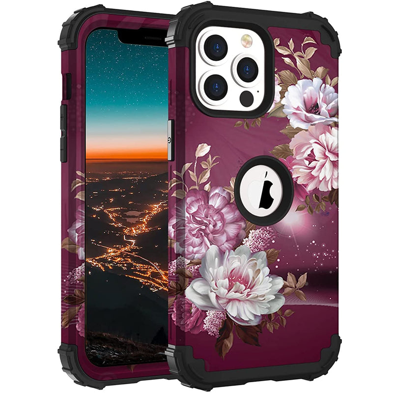 Hocase Compatible With Iphone 13 Pro Max Case Heavy Duty Shockproof Soft Silicone Rubber Hard Plasticbumpers Hybrid Protective Case For Iphone 13 Pro Max 6 7 Inch 2021 Royal Purple Flowers