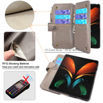 Lacass Cards Theft Scan Protection 10 Card Slots Zipper Pocket Wallet Case Flip Leather Cover Lanyard For Samsung Galaxy Z Fold 2 5G 2020 Floral Gray