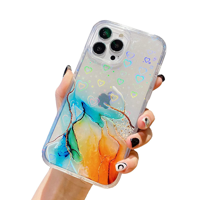 Lemoncover For Iphone 13 Pro Max Case 6 7 Marble Cute Clear Glitter Bling Love Heart Design Gradient Pattern Soft Camera Screen Protective Women Girls Slim Hard Shockproof Cover Rainbow Gold