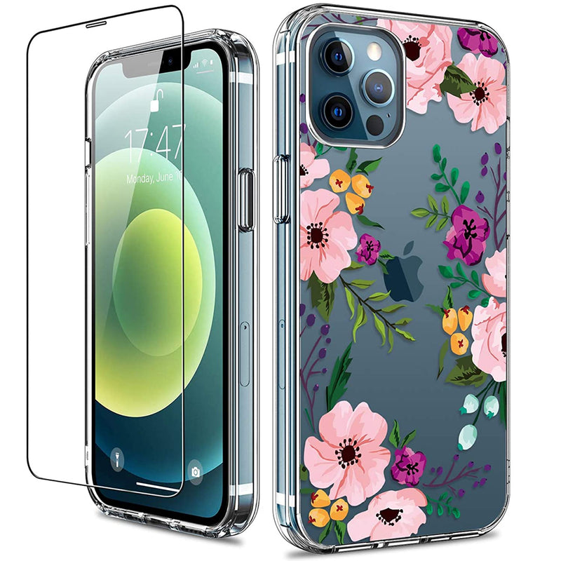 For Iphone 12 Pro Max Case With Screen Protector Clear Full Body Shockproof Protective Floral Girls Women Hard Case With Tpu Bumper Cover Phone Case For Iphone 12 Pro Max Small Flowers