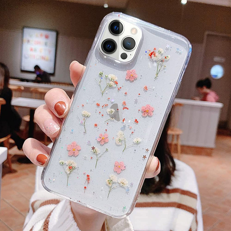 L Fadnut For Iphone 13 Pro Max Case Flower Woman Cute Soft Clear Shockproof Silicone Dry Real Flowers Case Girls Glitter Floral Protective Phone Case Cover Iphone 13 Pro Max Pink