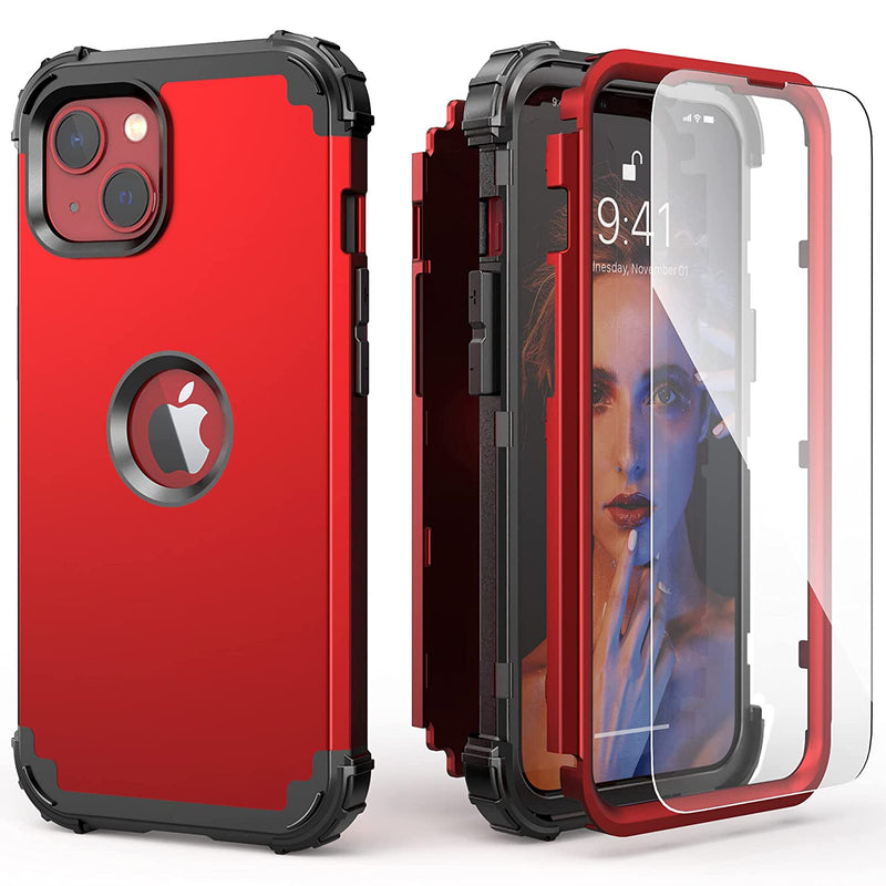 Iphone 13 Case With Tempered Glass Screen Protector Idweel Hybrid 3 In 1 Shockproof Heavy Duty Protection Hard Pc Cover Soft Silicone Rugged Durable Bumper Full Body Cover For Iphone 13 6 1 Red