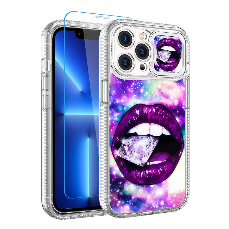 Fitunta Compatible With Iphone 13 Pro Purple Lips Bite Diamonds Case With Camera Cover Full Body Rugged Shockproof Protective With Tempered Glass Screen Protector Built In Screen Protector