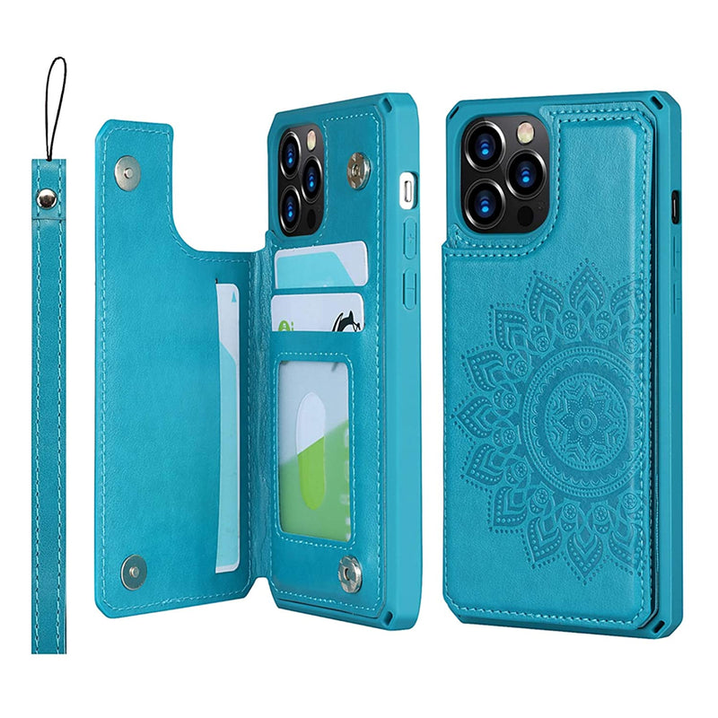 Jaorty Iphone 12 Pro Max Wallet Case With Rfid Blocking Card Holder Premium Pu Leather Double Magnetic Buttons Stand Flip Wrist Lanyard Strap Back Cover For Iphone 12 Pro Max 6 5 Inch Blue