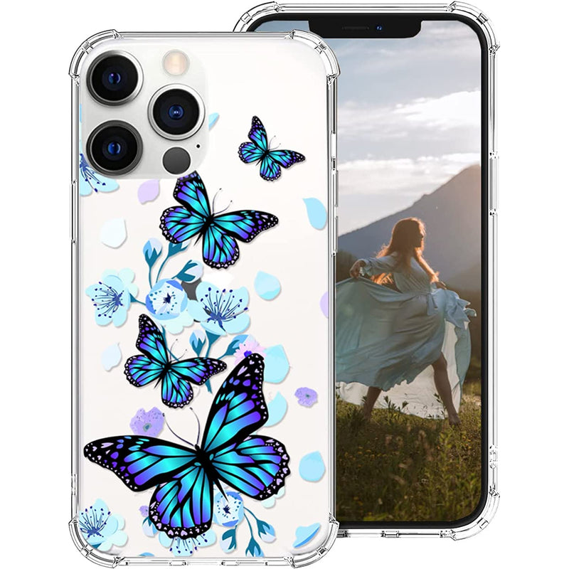 Kynwoga Case Compatible With Iphone 13 Pro Max Clear With Blue Flowers And Butterfly Pattern For Girl Women Soft Tpu Bumper Slim Yellow Resistant Protective Case Design For Iphone 13 Pro Max 6 7 Inch