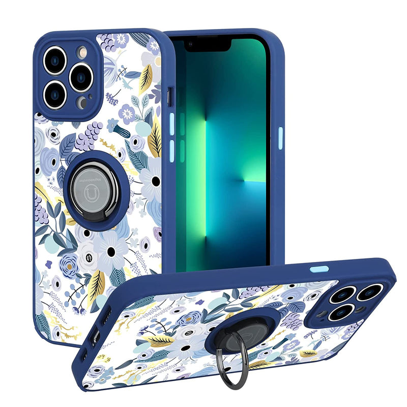 Lsl Compatible With Iphone 13 Pro Max Case Blue Flower Pattern Magnetic Case With Ring Holder Kickstand Soft Slim Shockproof Rubber Tpu Bumper Protective Anti Scratch Phone Cover For Women Girls