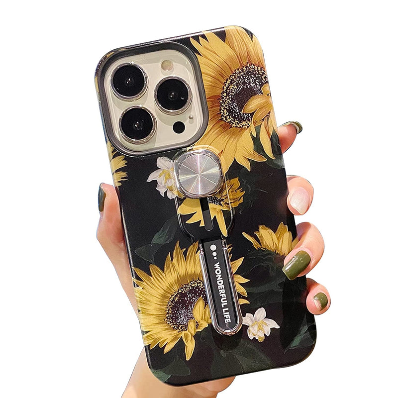 Lming Compatible With Iphone 13 Pro Max Case Sunflower Black 3D Embossed Design Kickstand Elastic Finger Loop Strap Rugged Shockproof Dual Layer Protective Shell For Iphone 13 Pro Max 6 7